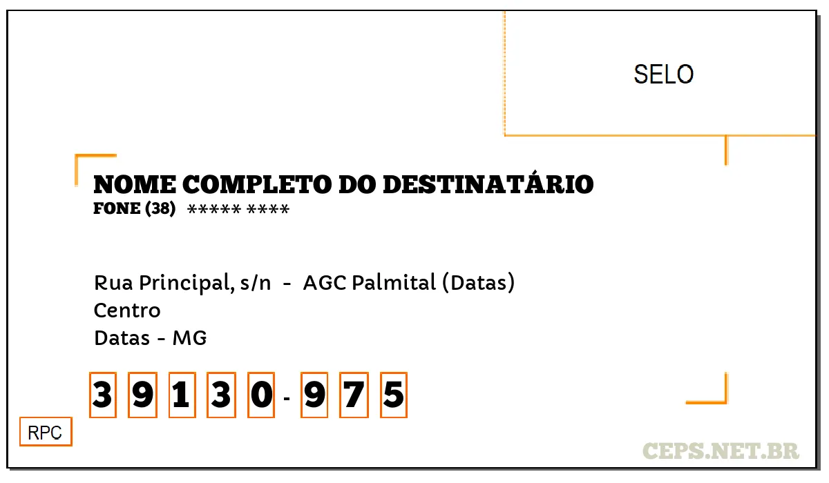 CEP DATAS - MG, DDD 38, CEP 39130975, RUA PRINCIPAL, S/N , BAIRRO CENTRO.