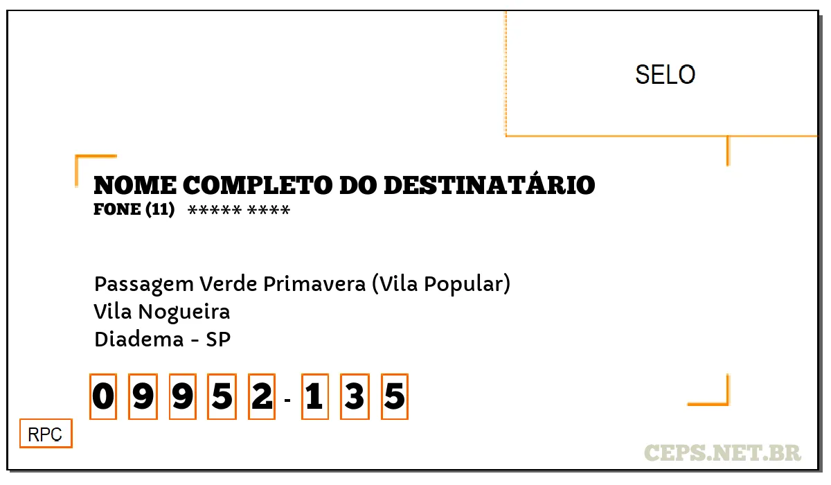 CEP DIADEMA - SP, DDD 11, CEP 09952135, PASSAGEM VERDE PRIMAVERA (VILA POPULAR), BAIRRO VILA NOGUEIRA.