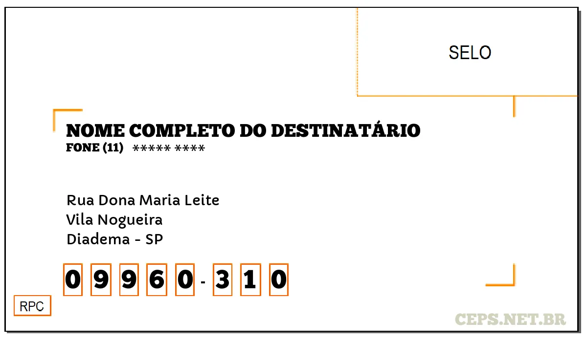 CEP DIADEMA - SP, DDD 11, CEP 09960310, RUA DONA MARIA LEITE, BAIRRO VILA NOGUEIRA.