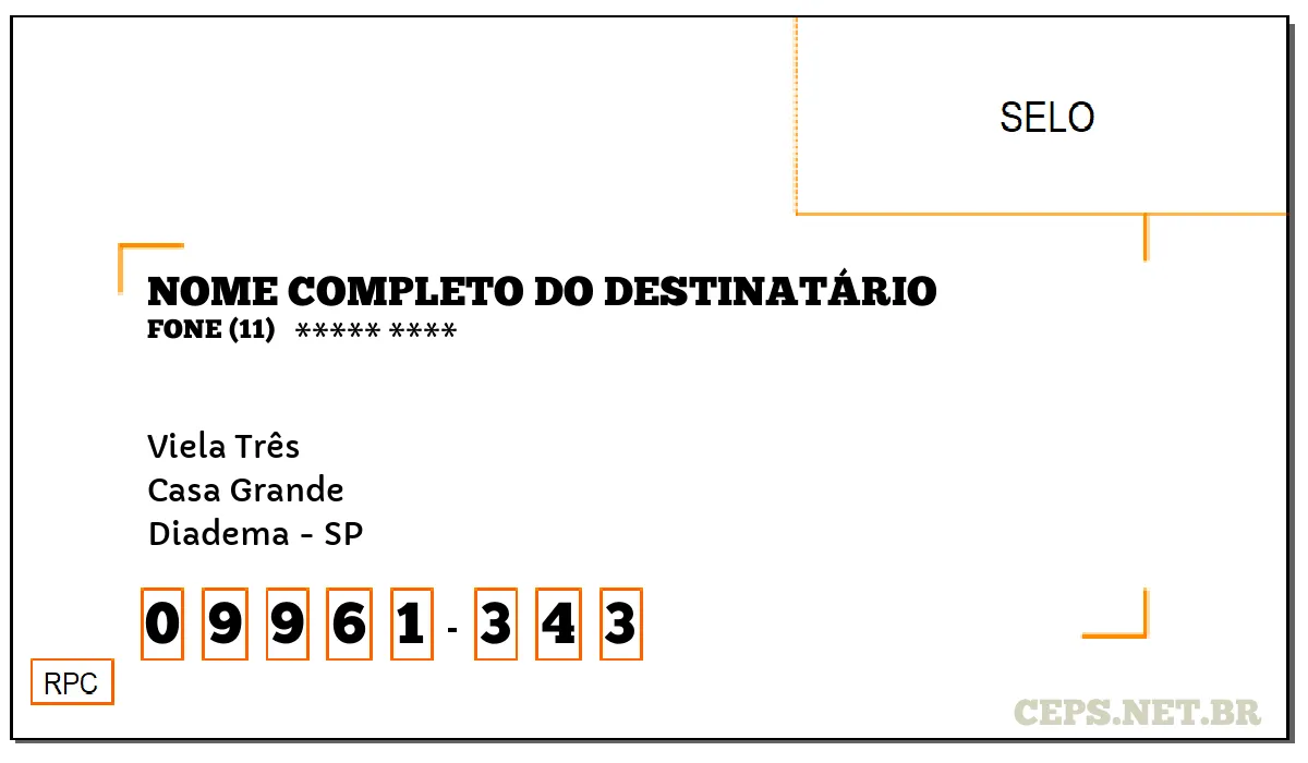 CEP DIADEMA - SP, DDD 11, CEP 09961343, VIELA TRÊS, BAIRRO CASA GRANDE.