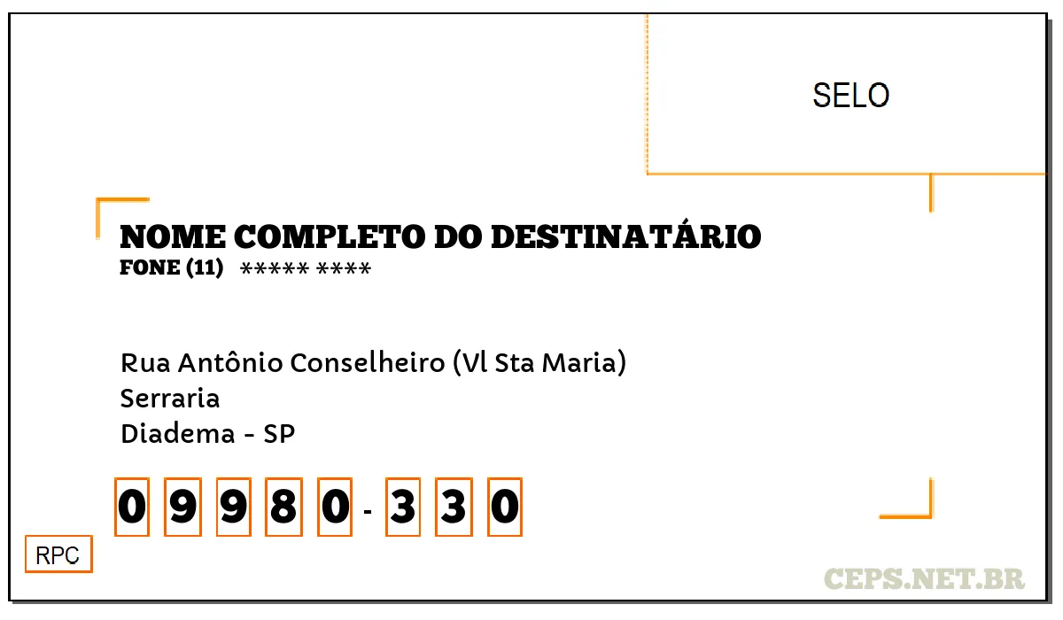 CEP DIADEMA - SP, DDD 11, CEP 09980330, RUA ANTÔNIO CONSELHEIRO (VL STA MARIA), BAIRRO SERRARIA.