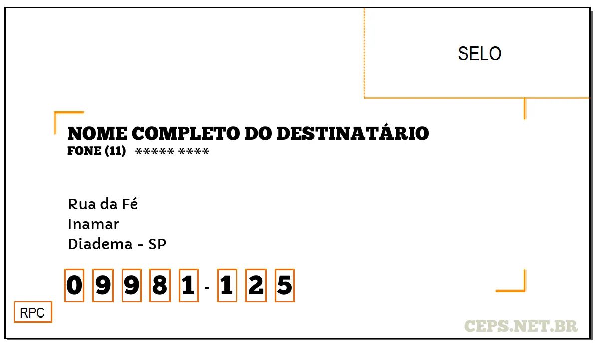 CEP DIADEMA - SP, DDD 11, CEP 09981125, RUA DA FÉ, BAIRRO INAMAR.