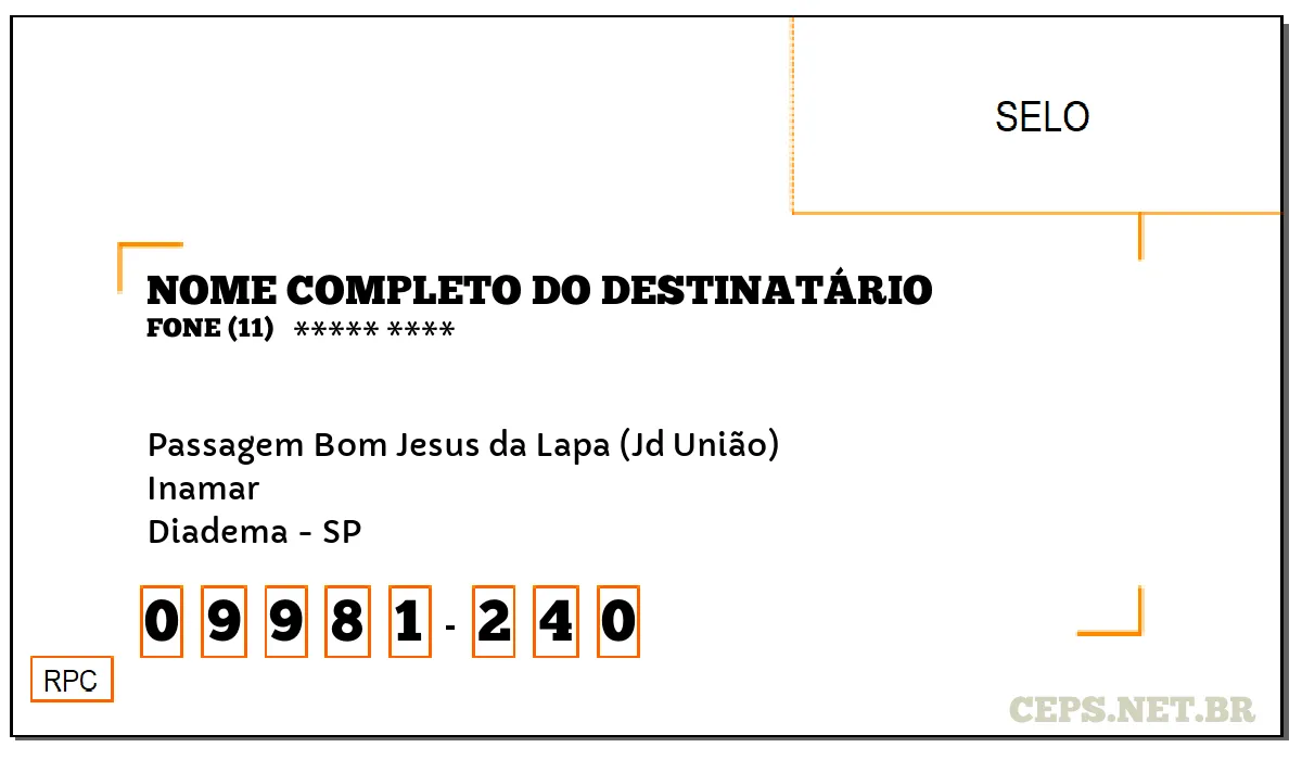 CEP DIADEMA - SP, DDD 11, CEP 09981240, PASSAGEM BOM JESUS DA LAPA (JD UNIÃO), BAIRRO INAMAR.