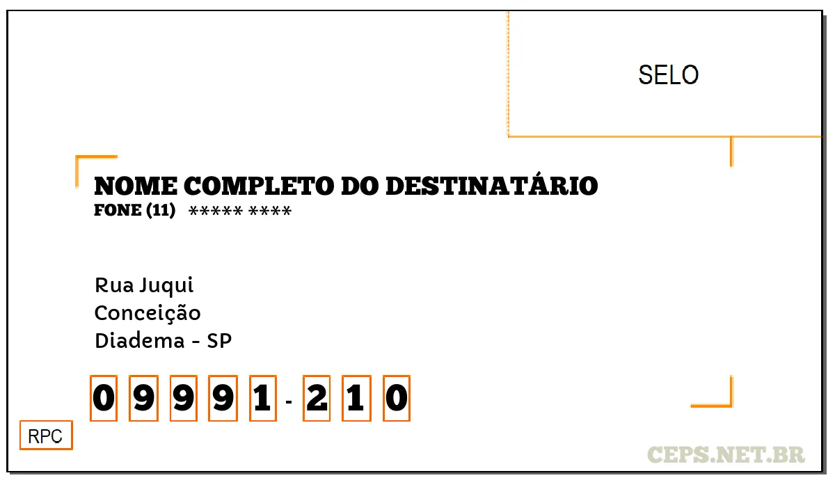 CEP DIADEMA - SP, DDD 11, CEP 09991210, RUA JUQUI, BAIRRO CONCEIÇÃO.