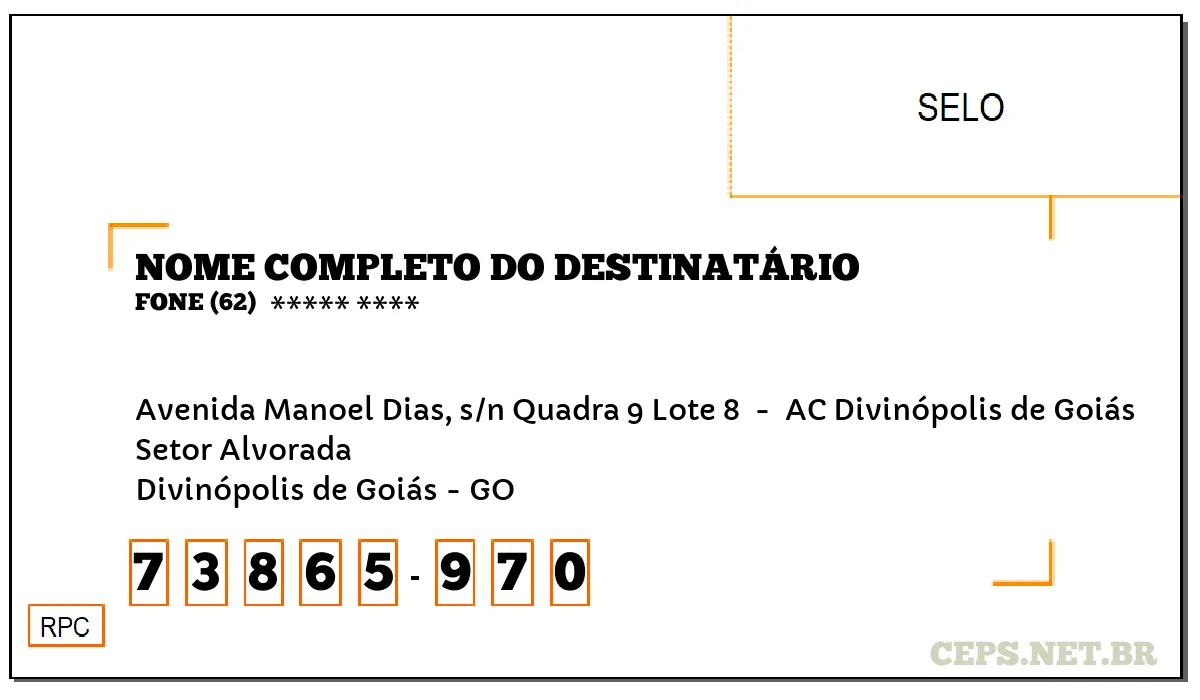 CEP DIVINÓPOLIS DE GOIÁS - GO, DDD 62, CEP 73865970, AVENIDA MANOEL DIAS, S/N QUADRA 9 LOTE 8 , BAIRRO SETOR ALVORADA.