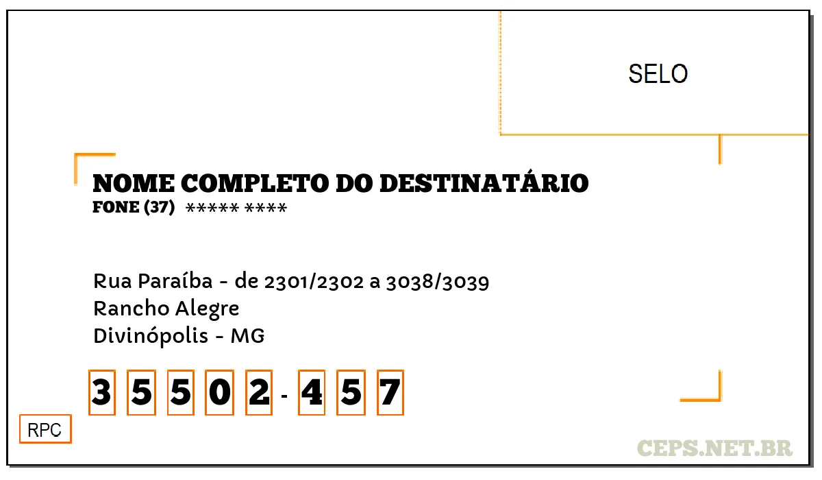 CEP DIVINÓPOLIS - MG, DDD 37, CEP 35502457, RUA PARAÍBA - DE 2301/2302 A 3038/3039, BAIRRO RANCHO ALEGRE.