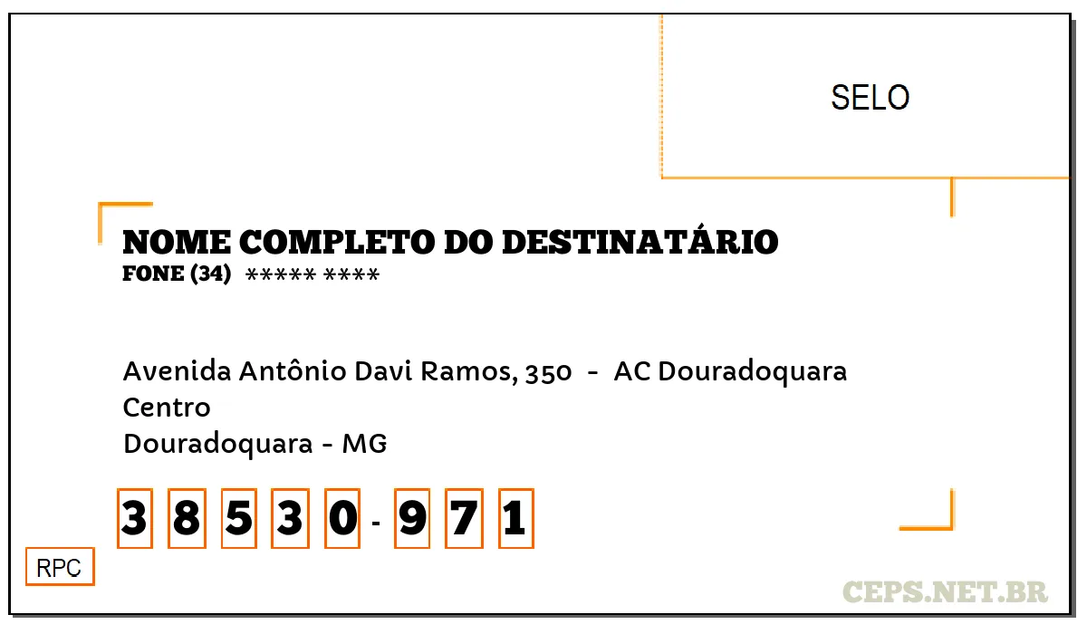 CEP DOURADOQUARA - MG, DDD 34, CEP 38530971, AVENIDA ANTÔNIO DAVI RAMOS, 350 , BAIRRO CENTRO.