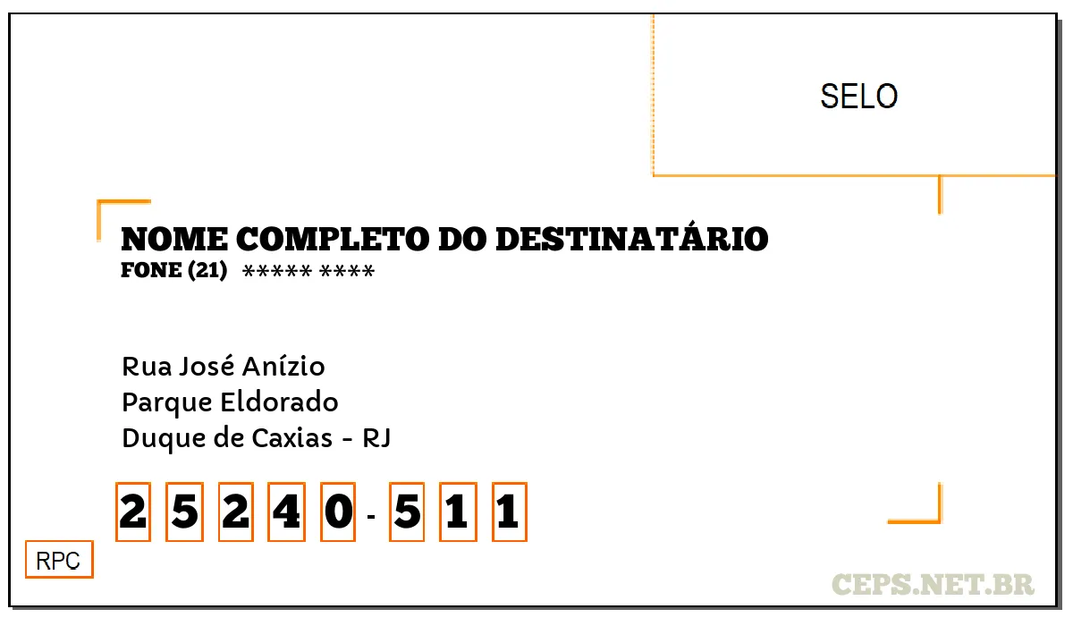 CEP DUQUE DE CAXIAS - RJ, DDD 21, CEP 25240511, RUA JOSÉ ANÍZIO, BAIRRO PARQUE ELDORADO.