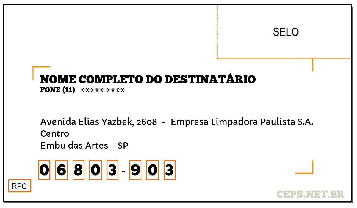 CEP EMBU DAS ARTES - SP, DDD 11, CEP 06803903, AVENIDA ELIAS YAZBEK, 2608 , BAIRRO CENTRO.