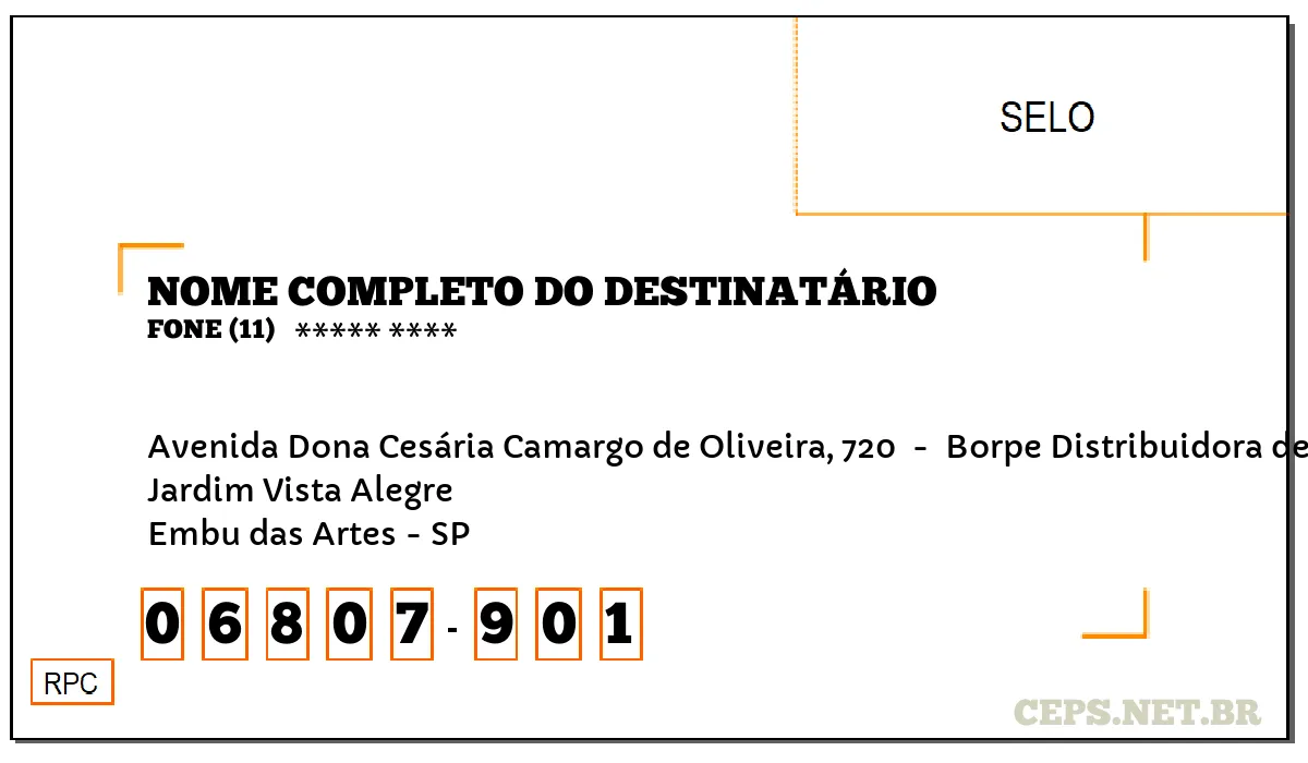 CEP EMBU DAS ARTES - SP, DDD 11, CEP 06807901, AVENIDA DONA CESÁRIA CAMARGO DE OLIVEIRA, 720 , BAIRRO JARDIM VISTA ALEGRE.