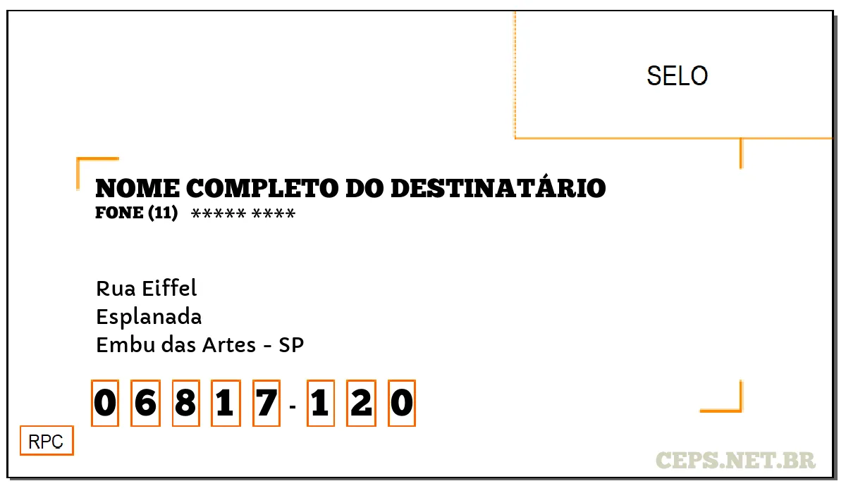 CEP EMBU DAS ARTES - SP, DDD 11, CEP 06817120, RUA EIFFEL, BAIRRO ESPLANADA.