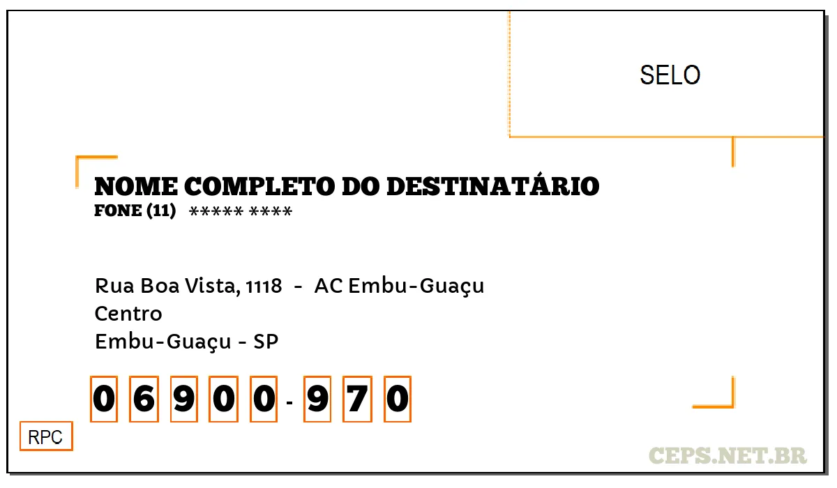 CEP EMBU-GUAÇU - SP, DDD 11, CEP 06900970, RUA BOA VISTA, 1118 , BAIRRO CENTRO.