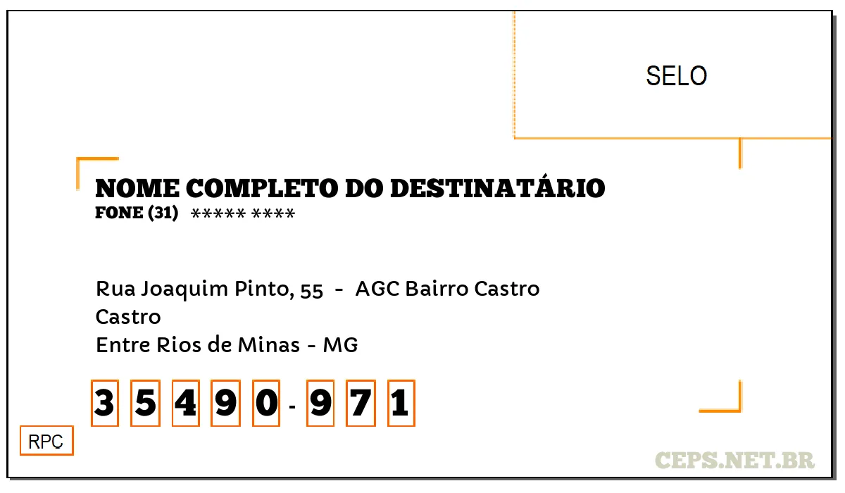 CEP ENTRE RIOS DE MINAS - MG, DDD 31, CEP 35490971, RUA JOAQUIM PINTO, 55 , BAIRRO CASTRO.