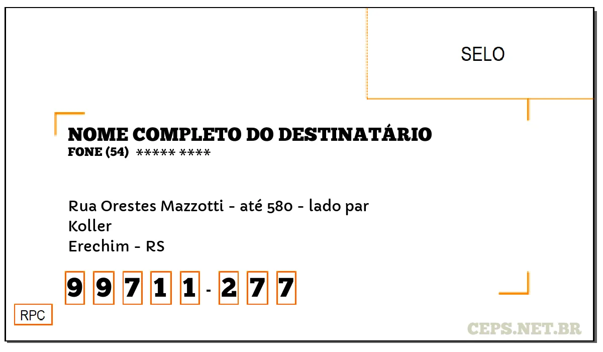 CEP ERECHIM - RS, DDD 54, CEP 99711277, RUA ORESTES MAZZOTTI - ATÉ 580 - LADO PAR, BAIRRO KOLLER.