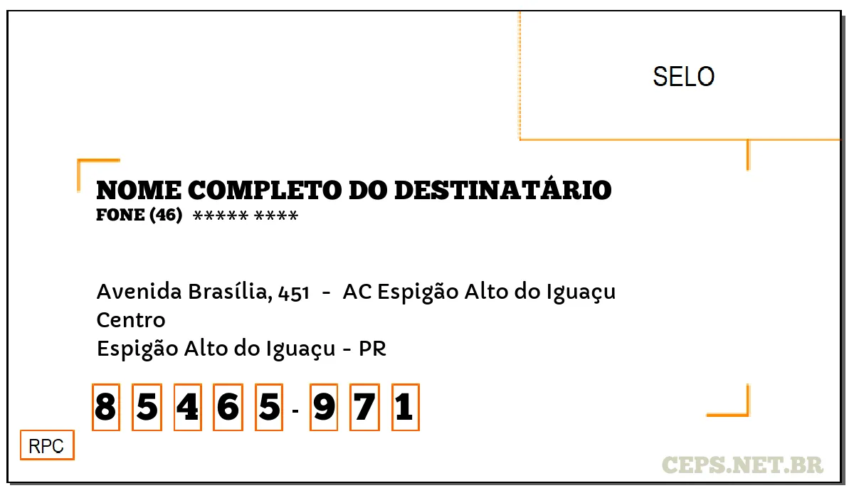 CEP ESPIGÃO ALTO DO IGUAÇU - PR, DDD 46, CEP 85465971, AVENIDA BRASÍLIA, 451 , BAIRRO CENTRO.