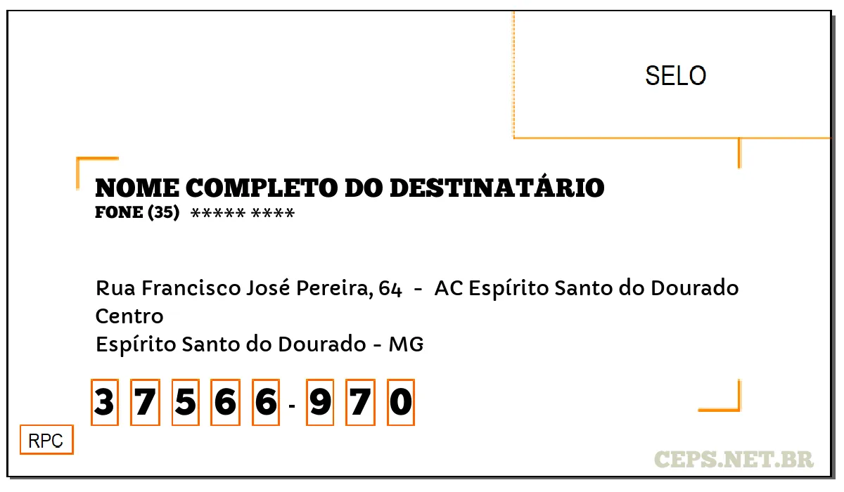 CEP ESPÍRITO SANTO DO DOURADO - MG, DDD 35, CEP 37566970, RUA FRANCISCO JOSÉ PEREIRA, 64 , BAIRRO CENTRO.