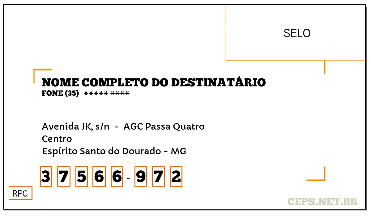 CEP ESPÍRITO SANTO DO DOURADO - MG, DDD 35, CEP 37566972, AVENIDA JK, S/N , BAIRRO CENTRO.