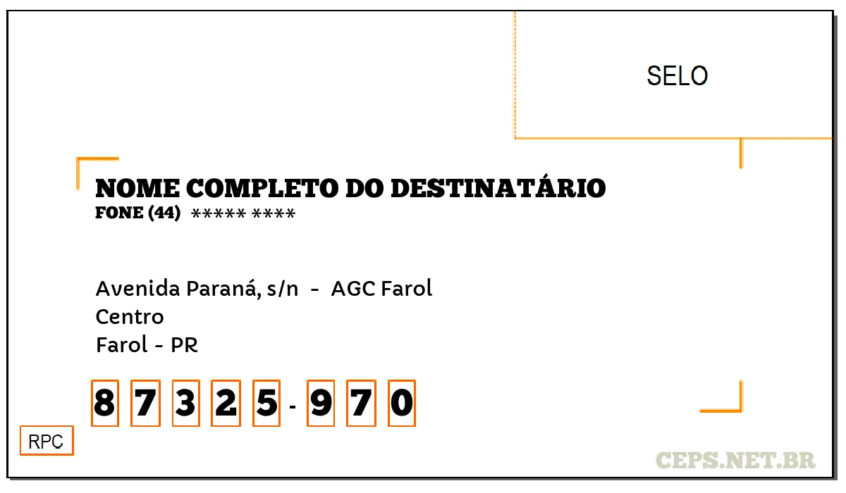 CEP FAROL - PR, DDD 44, CEP 87325970, AVENIDA PARANÁ, S/N , BAIRRO CENTRO.