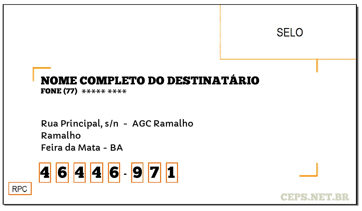 CEP FEIRA DA MATA - BA, DDD 77, CEP 46446971, RUA PRINCIPAL, S/N , BAIRRO RAMALHO.