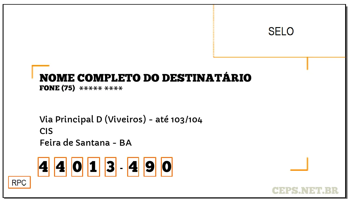 CEP FEIRA DE SANTANA - BA, DDD 75, CEP 44013490, VIA PRINCIPAL D (VIVEIROS) - ATÉ 103/104, BAIRRO CIS.