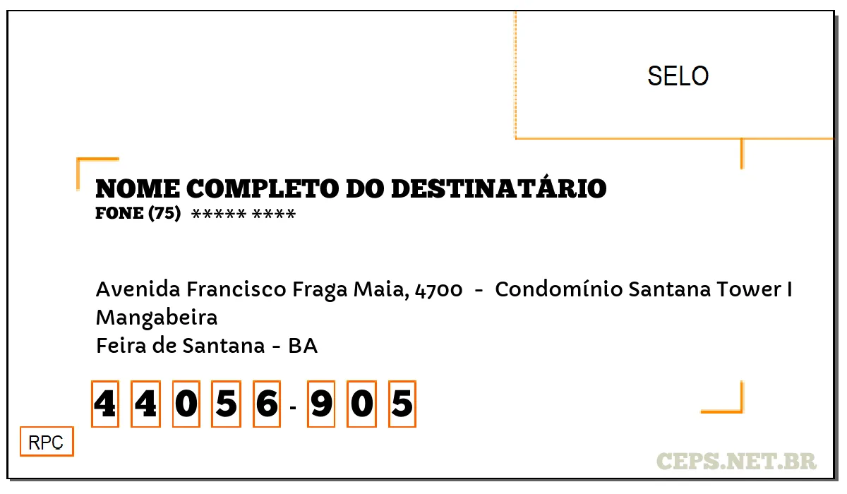 CEP FEIRA DE SANTANA - BA, DDD 75, CEP 44056905, AVENIDA FRANCISCO FRAGA MAIA, 4700 , BAIRRO MANGABEIRA.