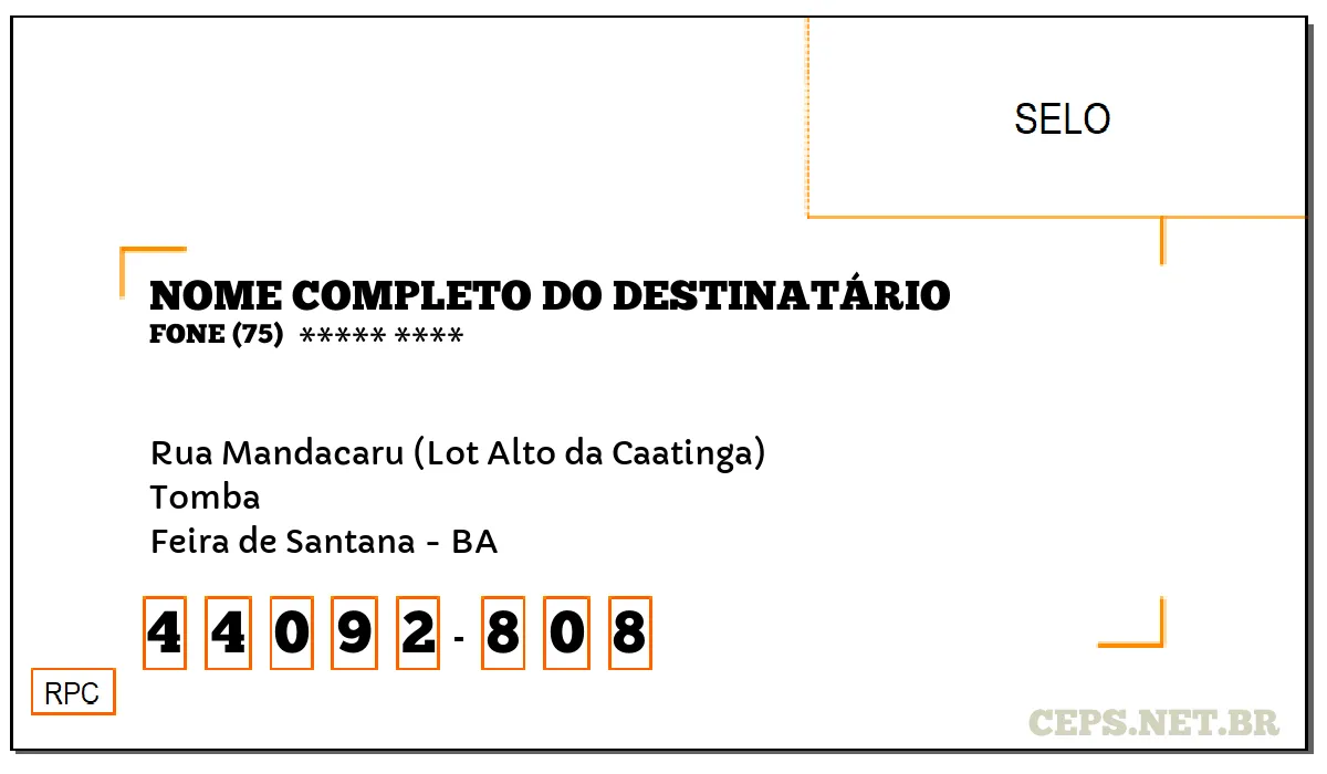 CEP FEIRA DE SANTANA - BA, DDD 75, CEP 44092808, RUA MANDACARU (LOT ALTO DA CAATINGA), BAIRRO TOMBA.