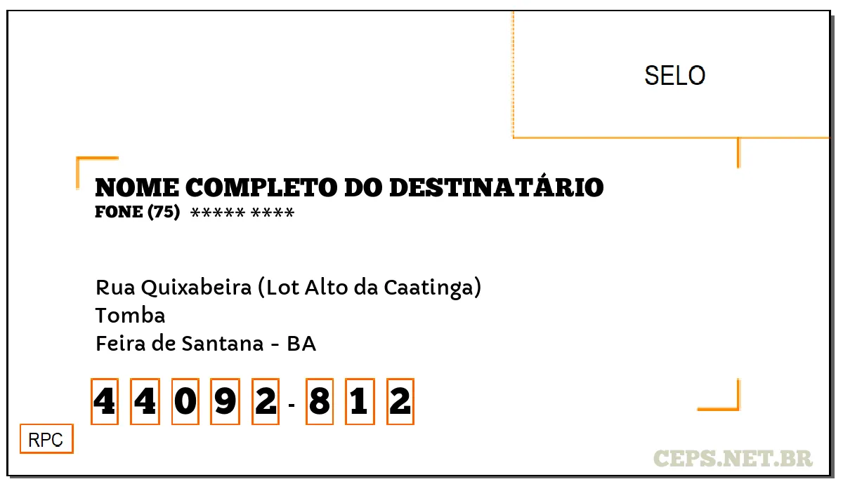 CEP FEIRA DE SANTANA - BA, DDD 75, CEP 44092812, RUA QUIXABEIRA (LOT ALTO DA CAATINGA), BAIRRO TOMBA.