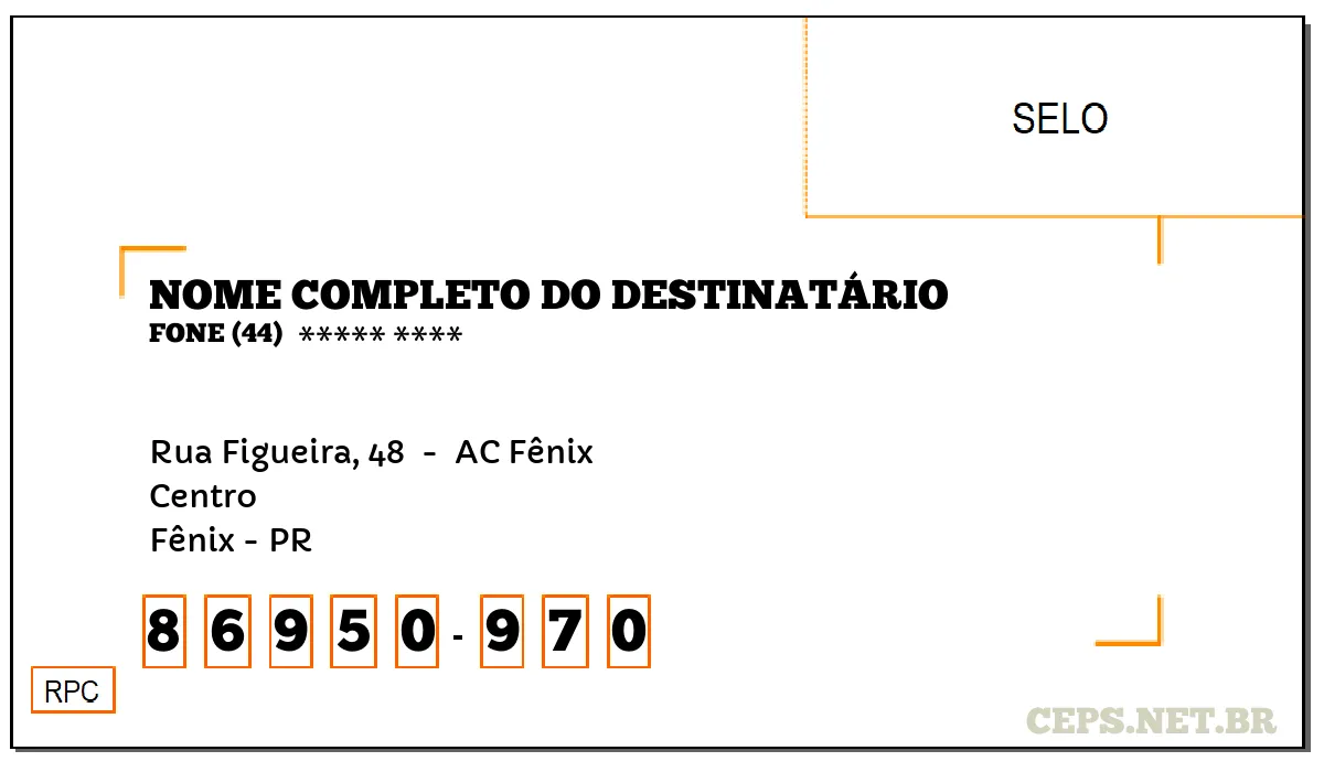 CEP FÊNIX - PR, DDD 44, CEP 86950970, RUA FIGUEIRA, 48 , BAIRRO CENTRO.