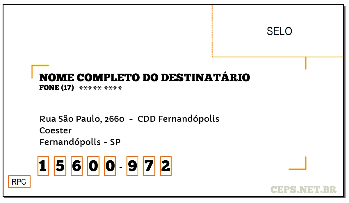 CEP FERNANDÓPOLIS - SP, DDD 17, CEP 15600972, RUA SÃO PAULO, 2660 , BAIRRO COESTER.