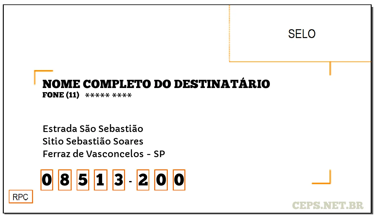 CEP FERRAZ DE VASCONCELOS - SP, DDD 11, CEP 08513200, ESTRADA SÃO SEBASTIÃO, BAIRRO SITIO SEBASTIÃO SOARES.