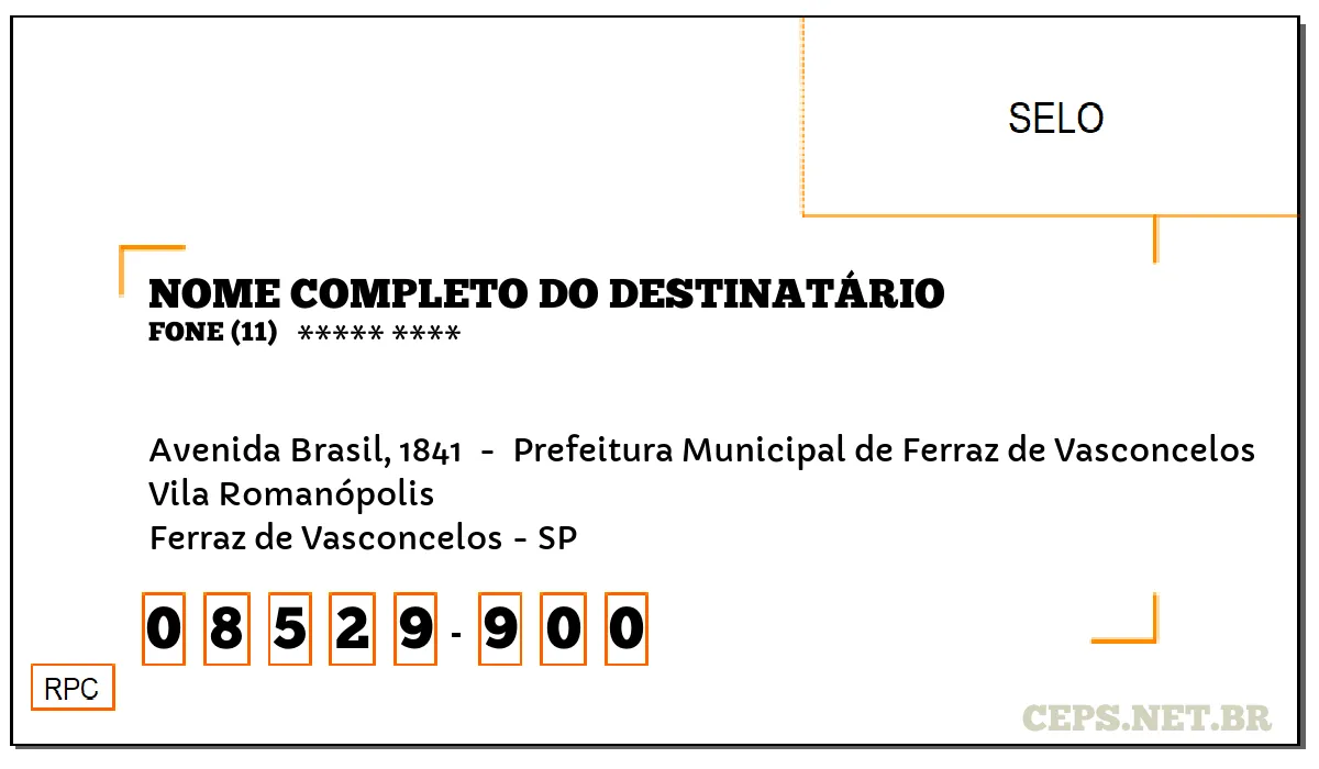 CEP FERRAZ DE VASCONCELOS - SP, DDD 11, CEP 08529900, AVENIDA BRASIL, 1841 , BAIRRO VILA ROMANÓPOLIS.