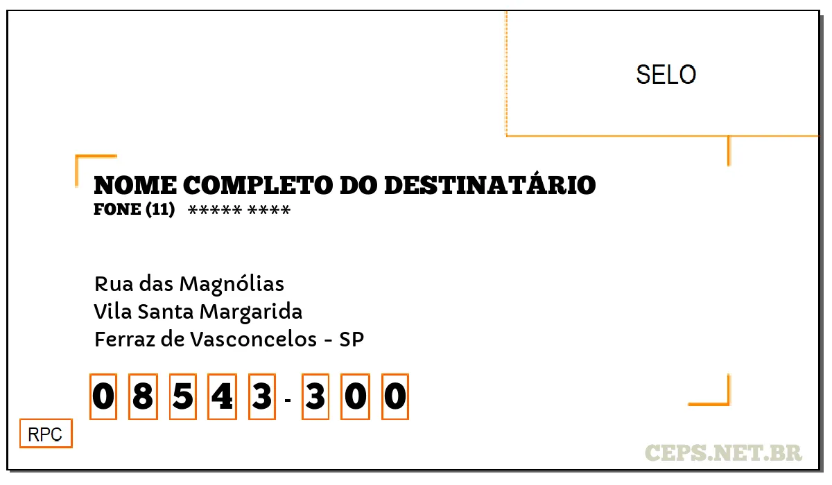 CEP FERRAZ DE VASCONCELOS - SP, DDD 11, CEP 08543300, RUA DAS MAGNÓLIAS, BAIRRO VILA SANTA MARGARIDA.