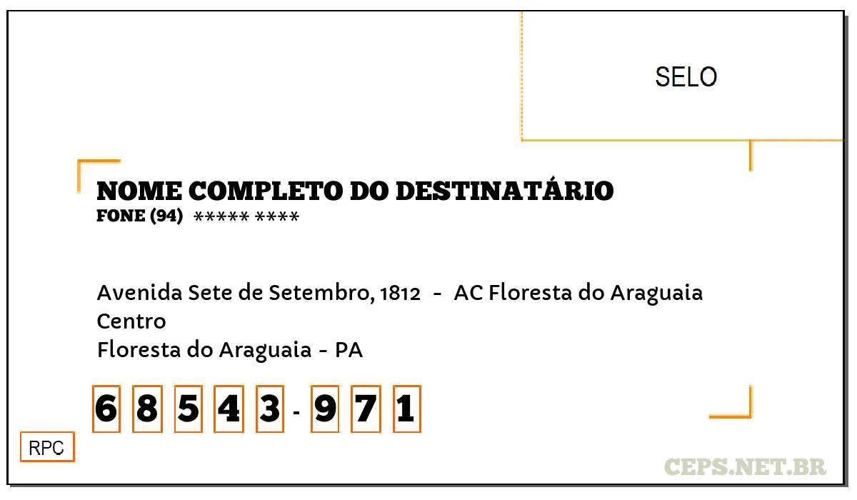 CEP FLORESTA DO ARAGUAIA - PA, DDD 94, CEP 68543971, AVENIDA SETE DE SETEMBRO, 1812 , BAIRRO CENTRO.