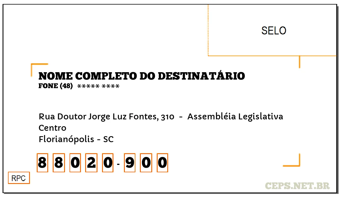 CEP FLORIANÓPOLIS - SC, DDD 48, CEP 88020900, RUA DOUTOR JORGE LUZ FONTES, 310 , BAIRRO CENTRO.