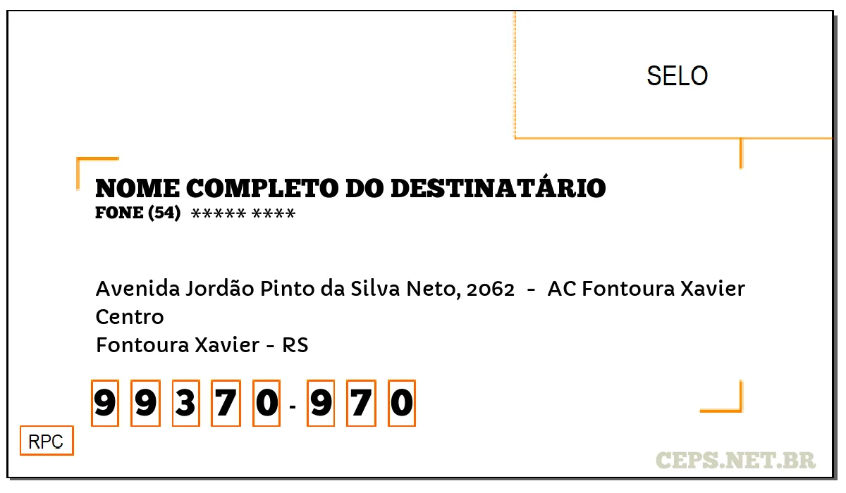 CEP FONTOURA XAVIER - RS, DDD 54, CEP 99370970, AVENIDA JORDÃO PINTO DA SILVA NETO, 2062 , BAIRRO CENTRO.