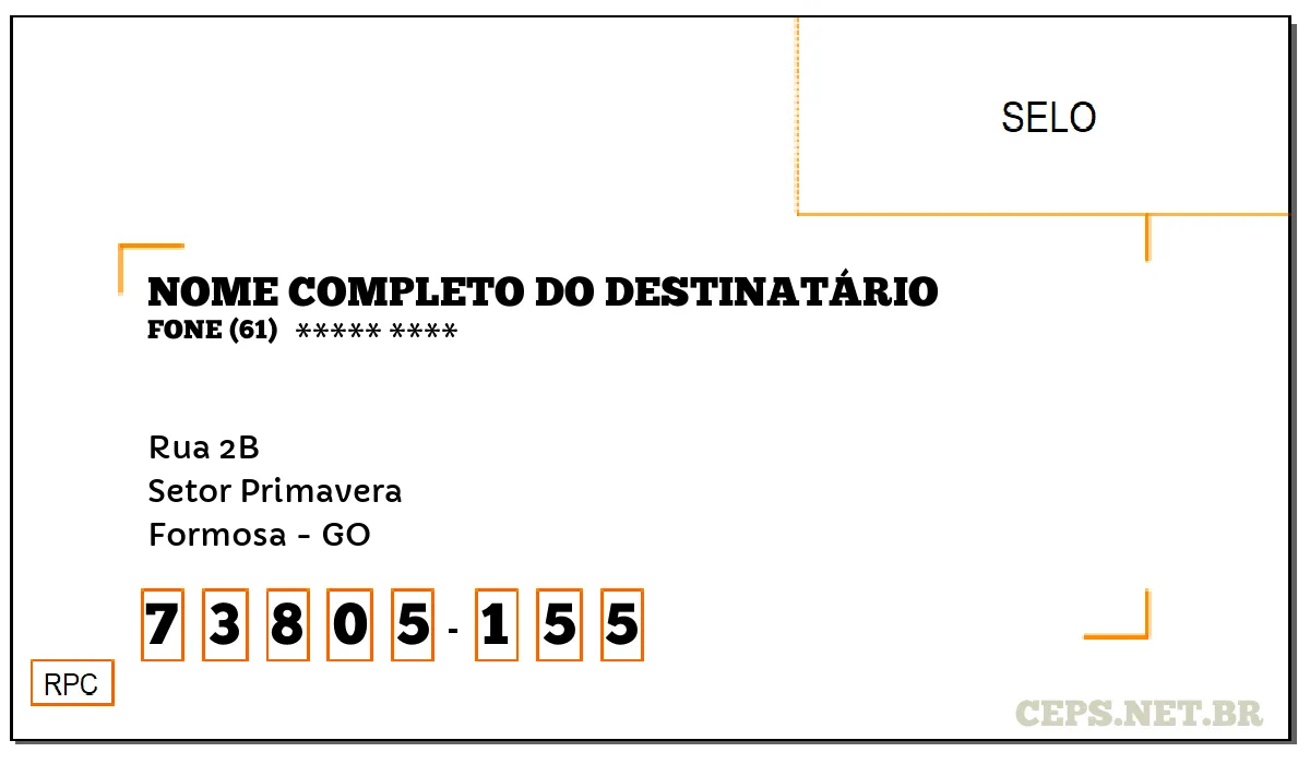 CEP FORMOSA - GO, DDD 61, CEP 73805155, RUA 2B, BAIRRO SETOR PRIMAVERA.