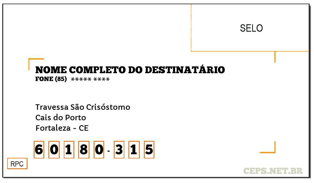 CEP FORTALEZA - CE, DDD 85, CEP 60180315, TRAVESSA SÃO CRISÓSTOMO, BAIRRO CAIS DO PORTO.