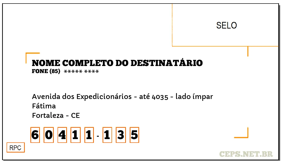 CEP FORTALEZA - CE, DDD 85, CEP 60411135, AVENIDA DOS EXPEDICIONÁRIOS - ATÉ 4035 - LADO ÍMPAR, BAIRRO FÁTIMA.