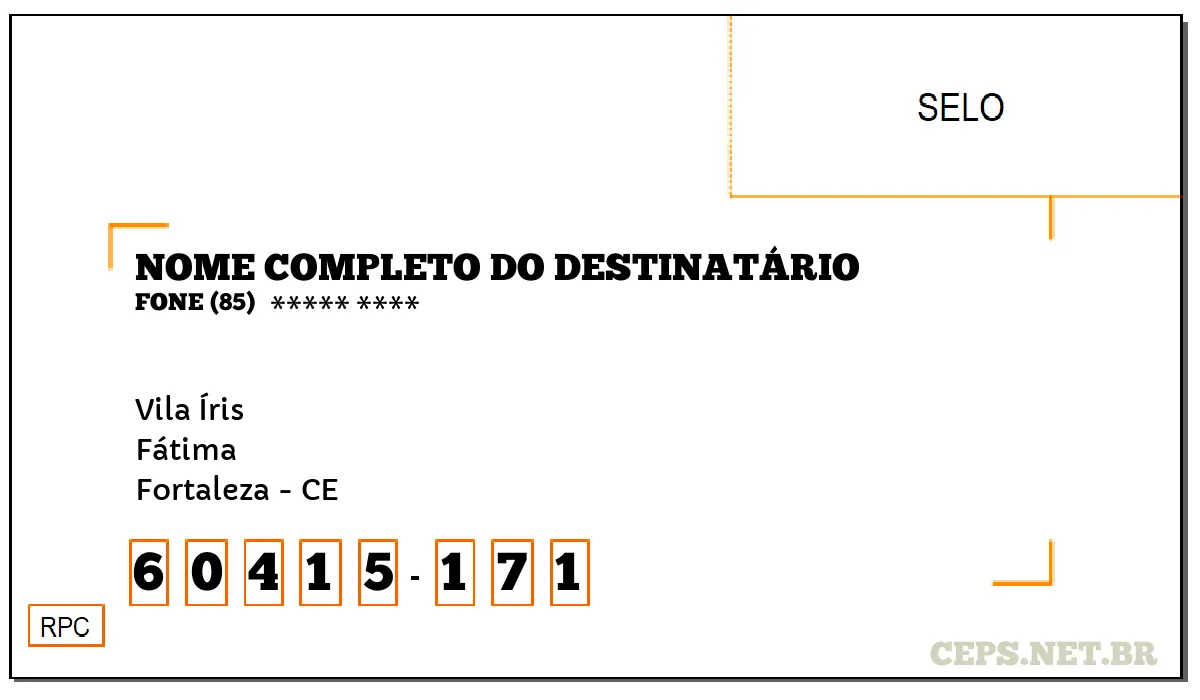 CEP FORTALEZA - CE, DDD 85, CEP 60415171, VILA ÍRIS, BAIRRO FÁTIMA.