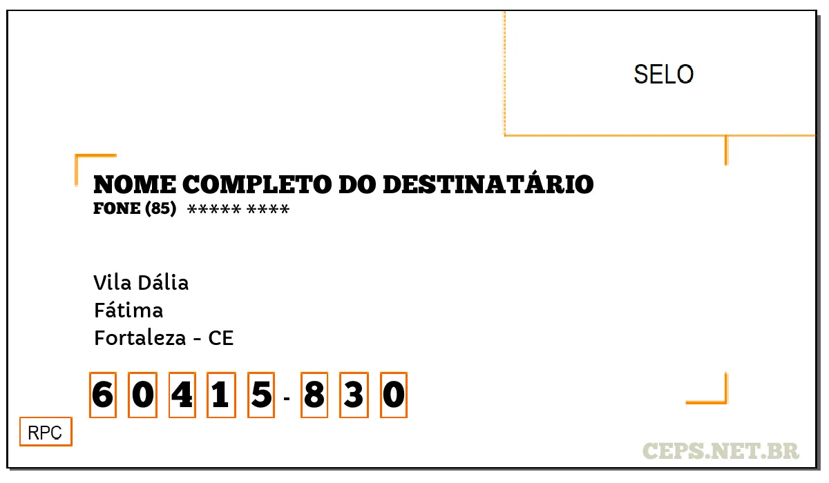 CEP FORTALEZA - CE, DDD 85, CEP 60415830, VILA DÁLIA, BAIRRO FÁTIMA.