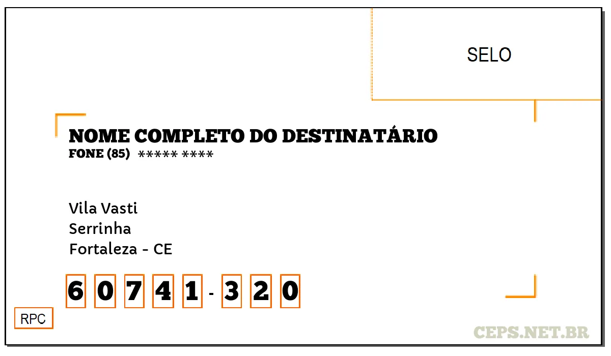 CEP FORTALEZA - CE, DDD 85, CEP 60741320, VILA VASTI, BAIRRO SERRINHA.