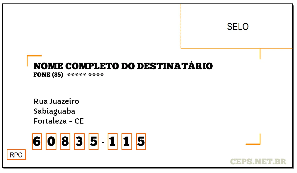 CEP FORTALEZA - CE, DDD 85, CEP 60835115, RUA JUAZEIRO, BAIRRO SABIAGUABA.