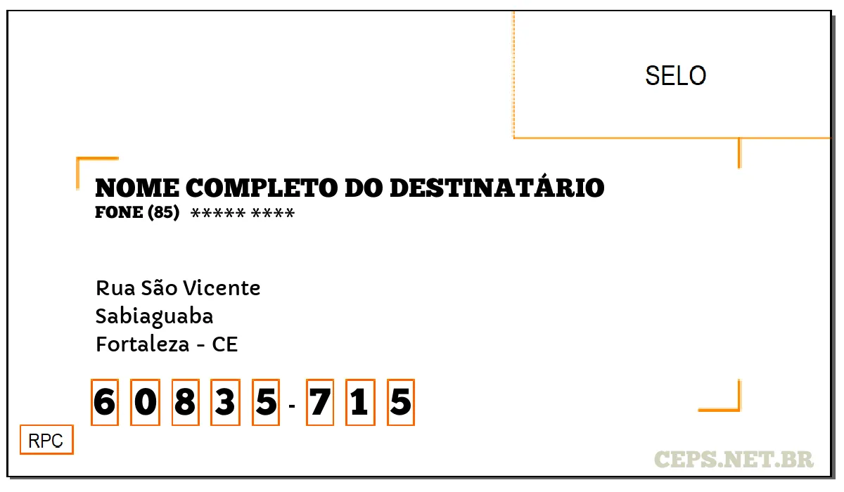 CEP FORTALEZA - CE, DDD 85, CEP 60835715, RUA SÃO VICENTE, BAIRRO SABIAGUABA.