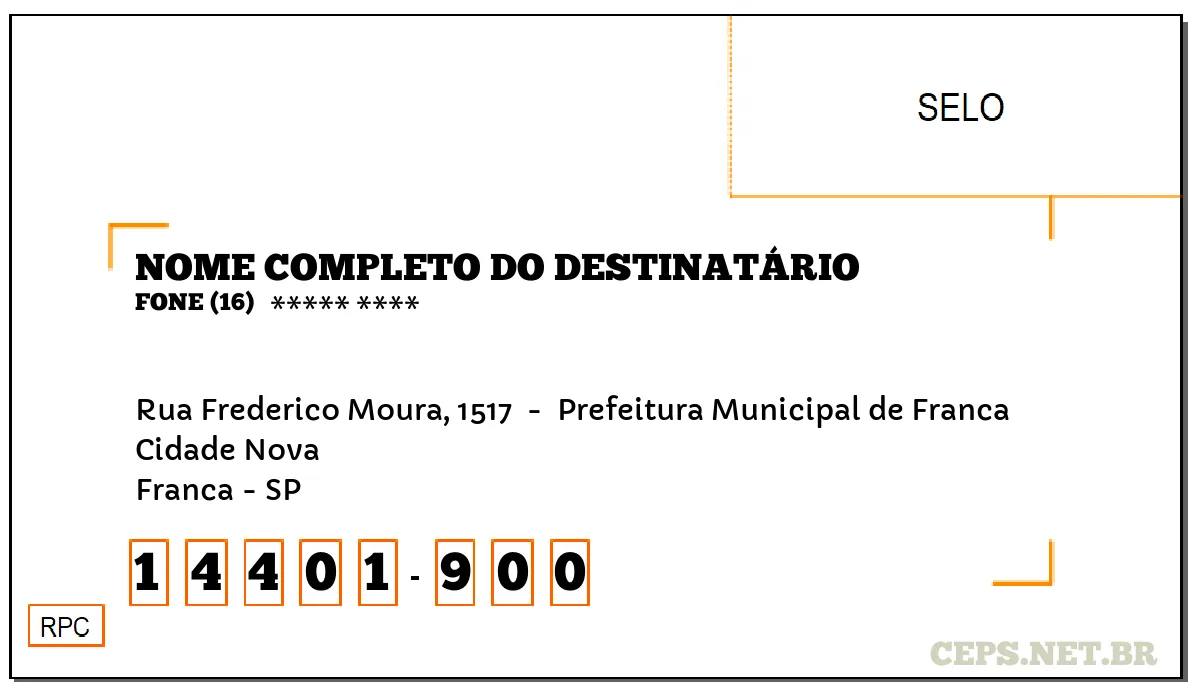 CEP FRANCA - SP, DDD 16, CEP 14401900, RUA FREDERICO MOURA, 1517 , BAIRRO CIDADE NOVA.