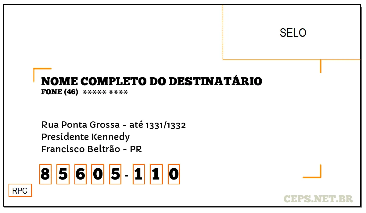 CEP FRANCISCO BELTRÃO - PR, DDD 46, CEP 85605110, RUA PONTA GROSSA - ATÉ 1331/1332, BAIRRO PRESIDENTE KENNEDY.