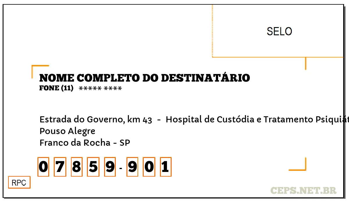 CEP FRANCO DA ROCHA - SP, DDD 11, CEP 07859901, ESTRADA DO GOVERNO, KM 43 , BAIRRO POUSO ALEGRE.