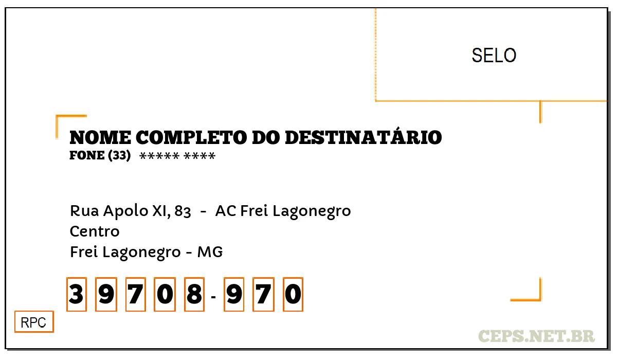 CEP FREI LAGONEGRO - MG, DDD 33, CEP 39708970, RUA APOLO XI, 83 , BAIRRO CENTRO.