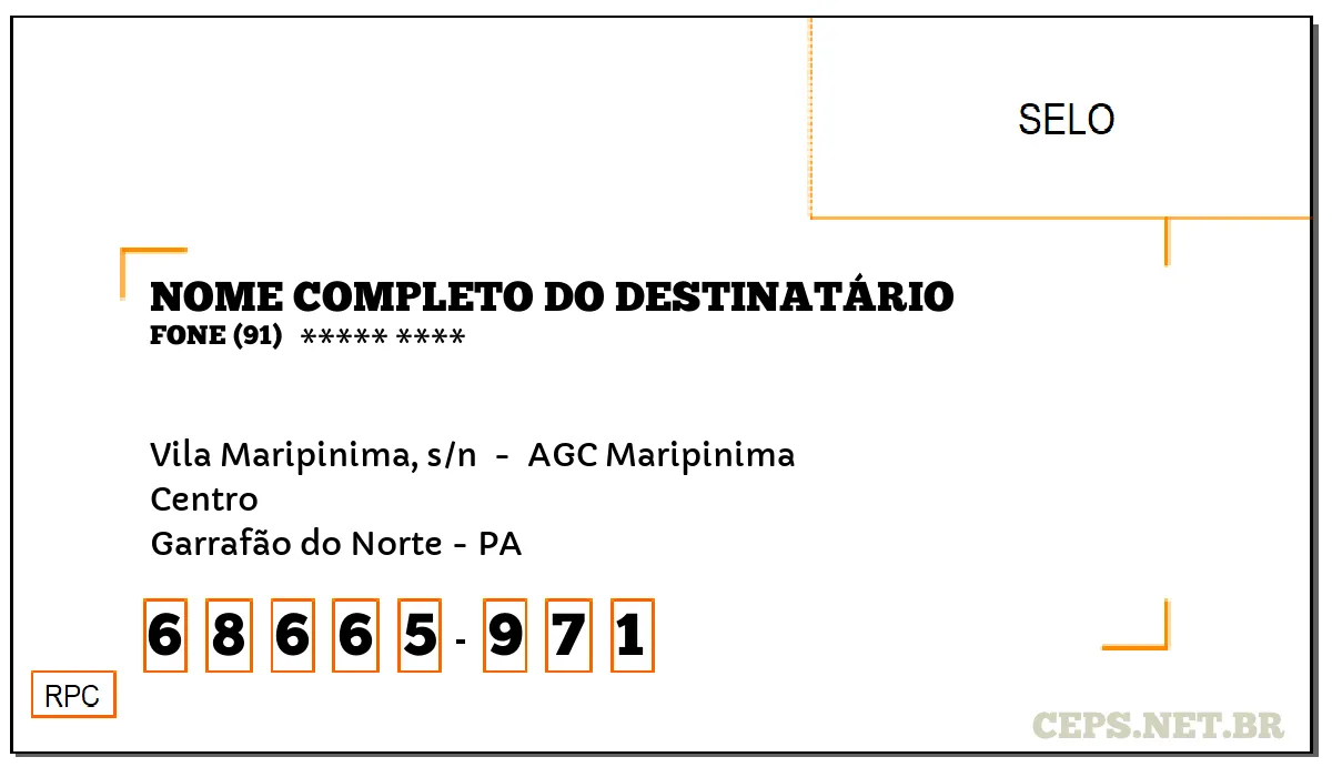 CEP GARRAFÃO DO NORTE - PA, DDD 91, CEP 68665971, VILA MARIPINIMA, S/N , BAIRRO CENTRO.