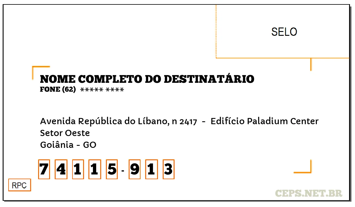 CEP GOIÂNIA - GO, DDD 62, CEP 74115913, AVENIDA REPÚBLICA DO LÍBANO, N 2417 , BAIRRO SETOR OESTE.