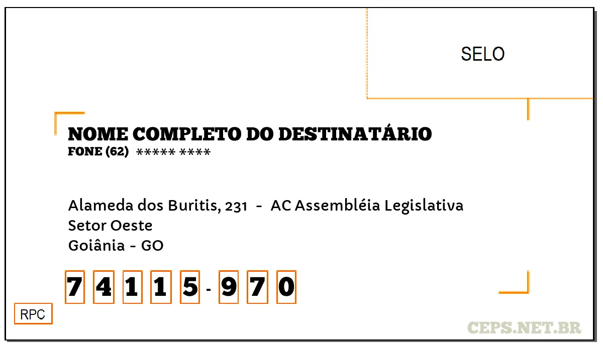 CEP GOIÂNIA - GO, DDD 62, CEP 74115970, ALAMEDA DOS BURITIS, 231 , BAIRRO SETOR OESTE.